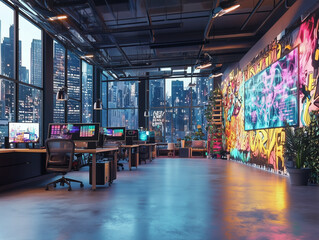 Urban Tech Startup Hub Featuring Innovative Digital Display Screens and Modern Design