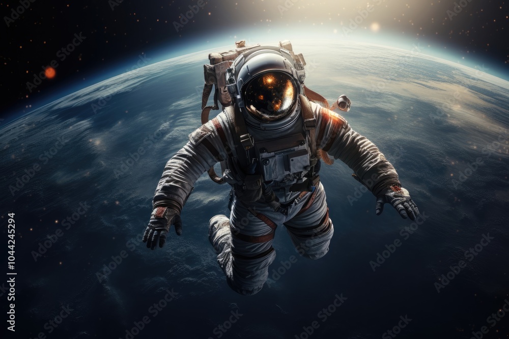 Poster astronaut floating outside a spaceship in outer space. man in protective helmet and suit. cosmos dis