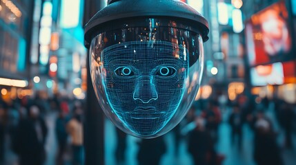 Surveillance camera on a lamppost, downtown square, recording moving crowds, wireframe overlay on the lens showing facial recognition, futuristic, dark tones