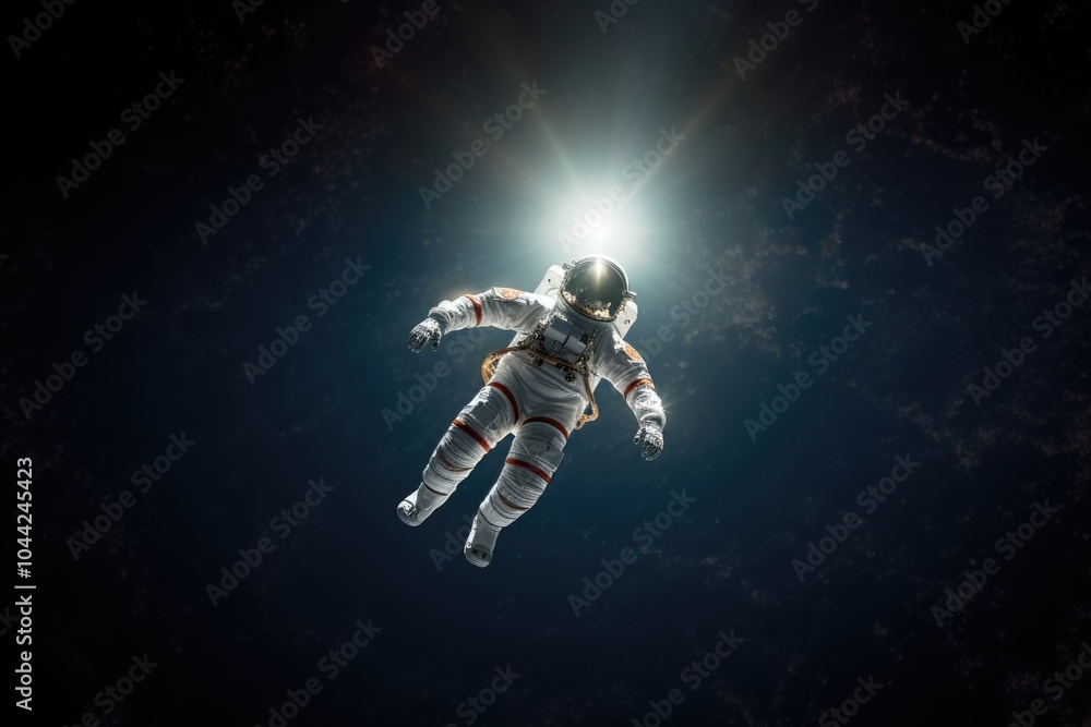 Poster astronaut floating outside a spaceship in outer space. man in protective helmet and suit. cosmos dis