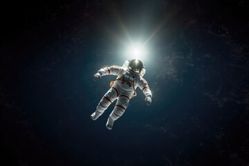 Astronaut floating outside a spaceship in outer space. Man in protective helmet and suit. Cosmos discovering. Science fiction, space travel and exploration concept. World Space Week. Sci-fi animation