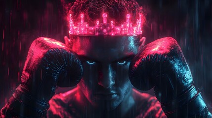 Boxer raising his gloves in triumph, light beams forming a holographic crown over his head, Futuristic, Cyberpunk style, Soft neon lights, Dark and moody atmosphere