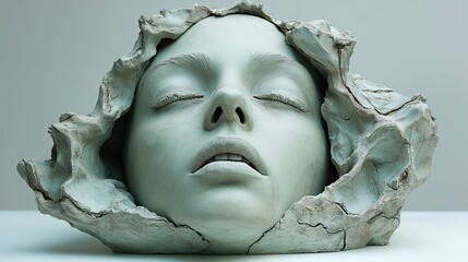 Close-Up of a Realistic Clay Sculpture of a Woman's Face