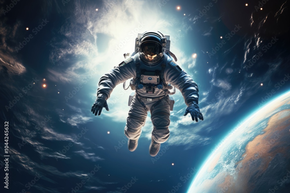 Poster astronaut floating outside a spaceship in outer space. man in protective helmet and suit. cosmos dis