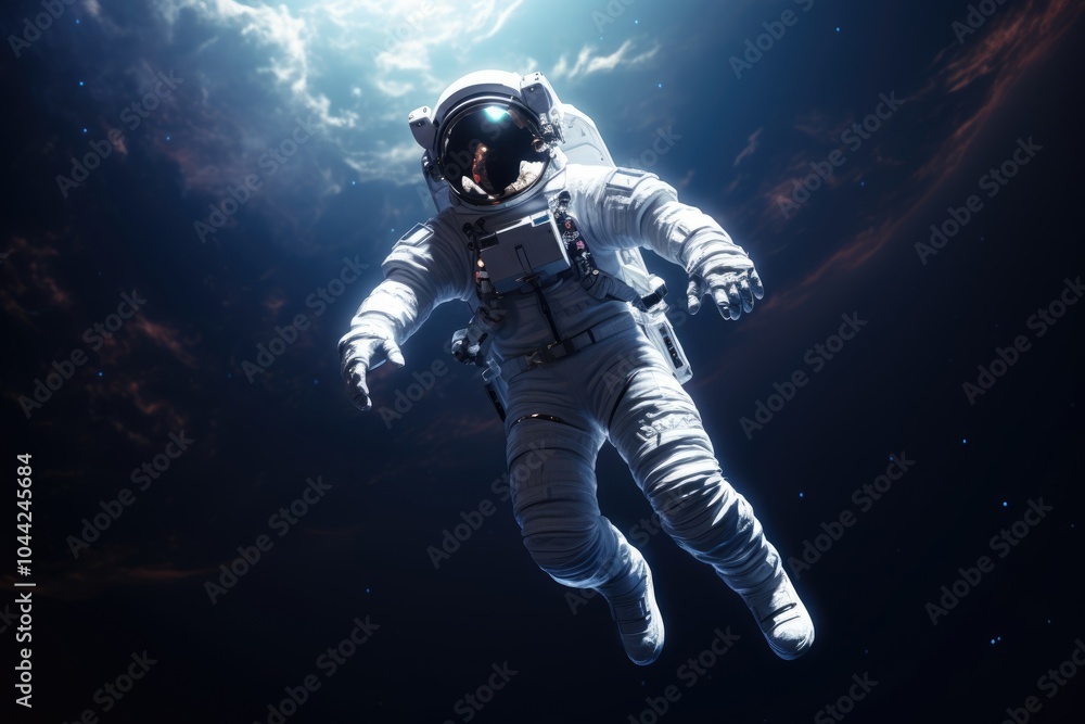 Poster astronaut floating outside a spaceship in outer space. man in protective helmet and suit. cosmos dis