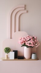 Fototapeta premium Geometric-patterned pink wall with a decorative shelf and floral arrangements