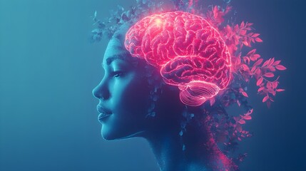 Obraz premium Human profile with botanical elements growing from the brain, blending organic life and technology, digital painting, neon holographic colors