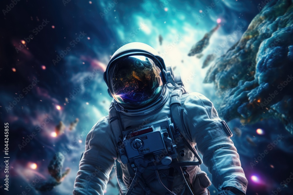 Poster astronaut floating outside a spaceship in outer space. man in protective helmet and suit. cosmos dis