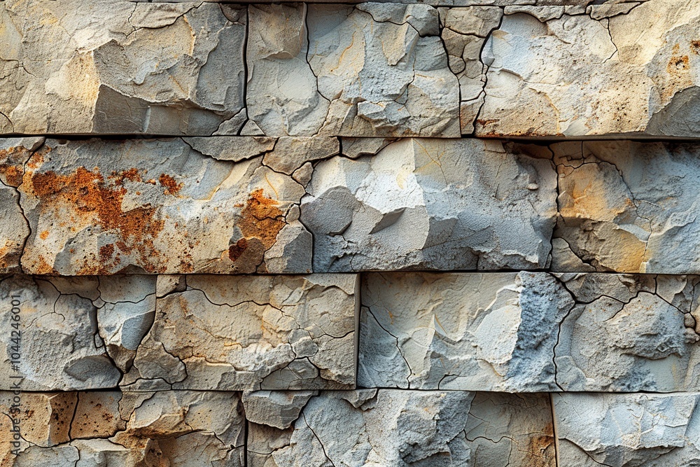 Poster close-up of textured stone wall with cracks and rust marks.