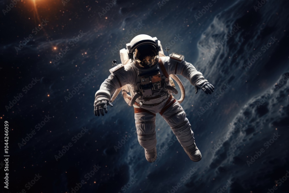Poster astronaut floating outside a spaceship in outer space. man in protective helmet and suit. cosmos dis