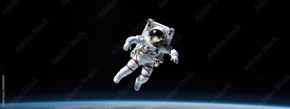 Poster astronaut floating outside a spaceship in outer space. man in protective helmet and suit. cosmos dis