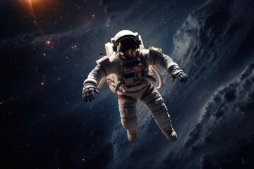 Fototapeta premium Astronaut floating outside a spaceship in outer space. Man in protective helmet and suit. Cosmos discovering. Science fiction, space travel and exploration concept. World Space Week. Sci-fi background