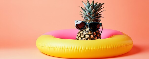 Pineapple wearing sunglasses in a pink and yellow pool float on a peach background.