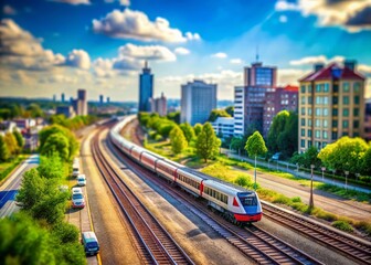 Obraz premium Tilt-Shift Train Scene with Urban Landscape Background for Stunning Visuals
