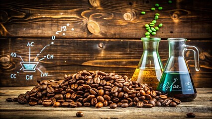 Time Lapse of Painting Coffee Beans with Caffeine Formula on Wooden Background