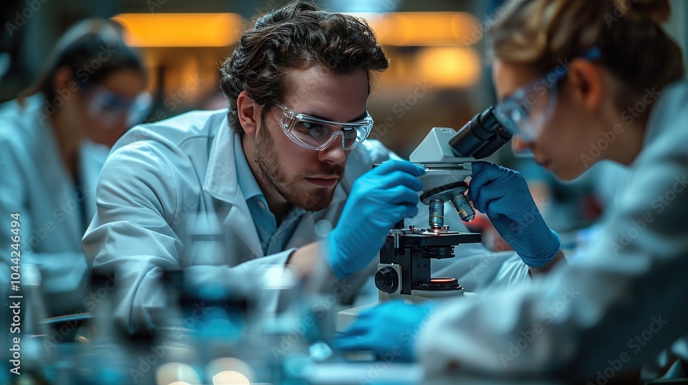 Poster scientists examining samples under a microscope in a laboratory setting.