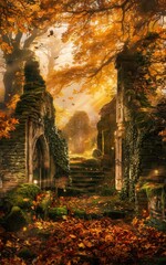 A breathtaking autumnal forest with golden leaves swirling around ancient ruins