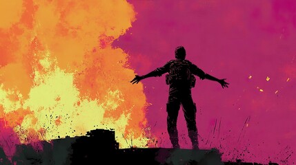 Silhouette of a Soldier Facing a Fiery Explosion