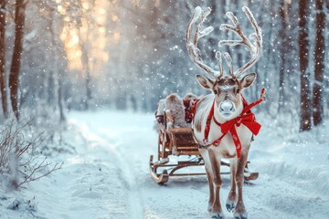 Festive reindeer with silver antlers and a red bow, pulling a sleigh through a snowy forest
