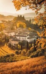 Autumnal landscape with a medieval Spanish village on a sunlit hill