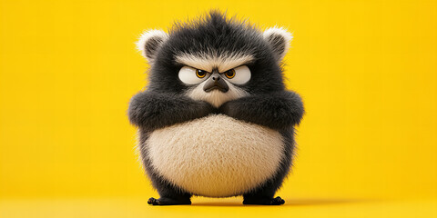 Fototapeta premium Banner of cute fluffy chubby animal with angry face against yellow background creating funny vivid cartoon character