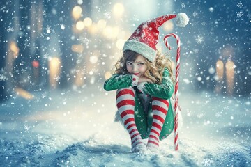 Playful elf with a candy cane and striped tights, playing in a winter wonderland