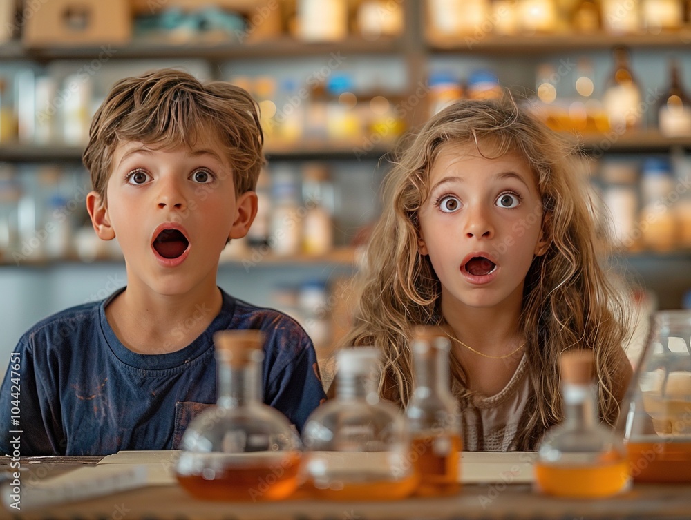 Poster two children with surprised expressions in a lab-like setting, surrounded by glass containers.