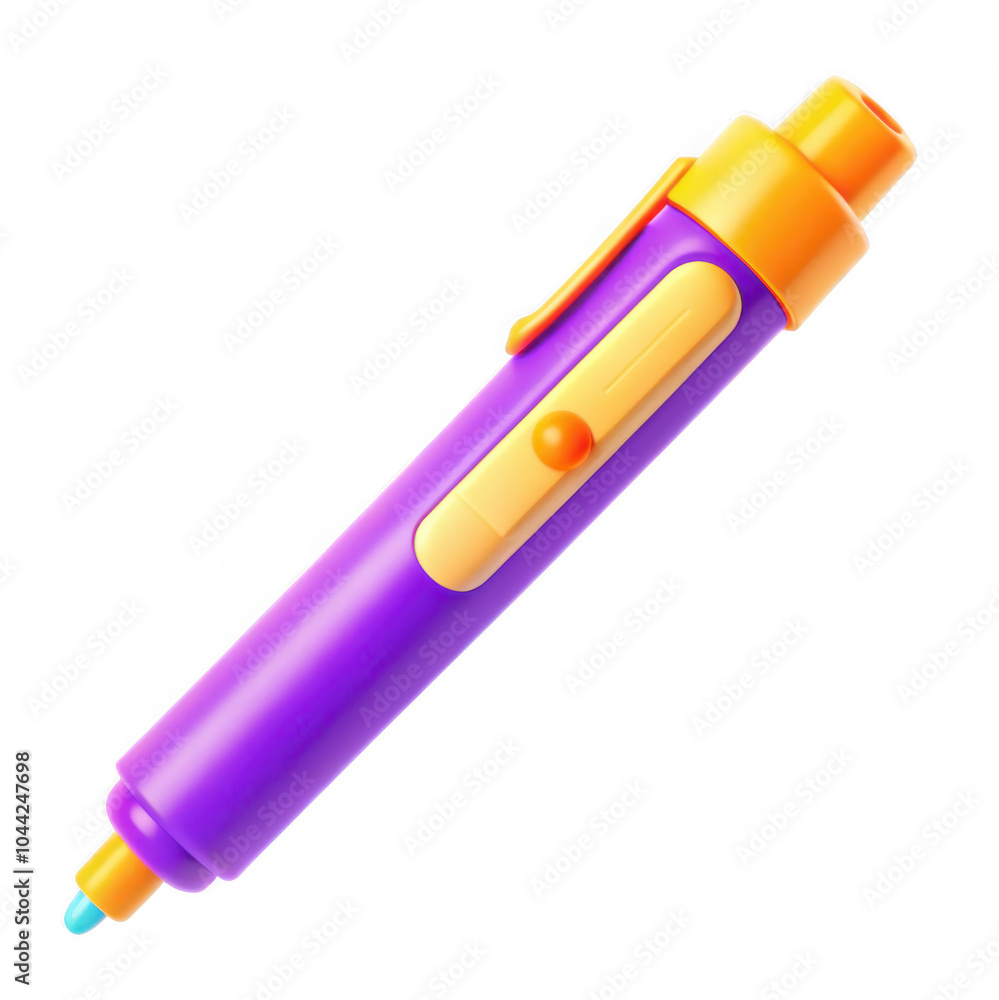Poster a vibrant 3d model of a purple pen with an orange cap. the pen features a unique design with detaile