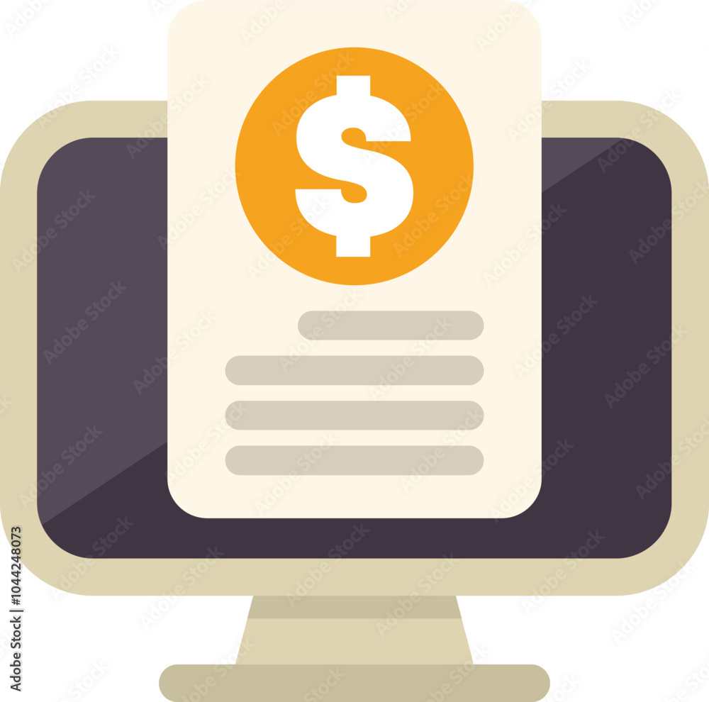 Poster this vector illustration shows a computer displaying an invoice with a dollar symbol, representing o