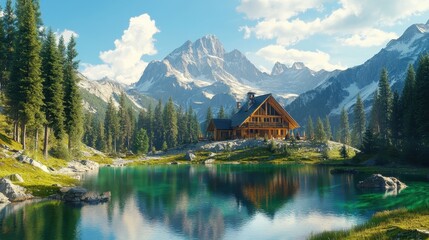 Obraz premium Tranquil Mountain Retreat by Serene Lake