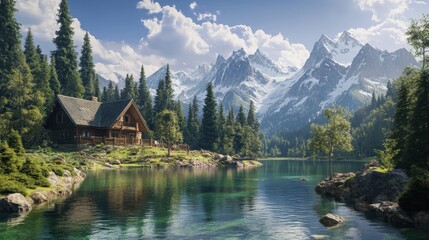 Fototapeta premium Scenic Mountain Cabin by Serene Lake Landscape