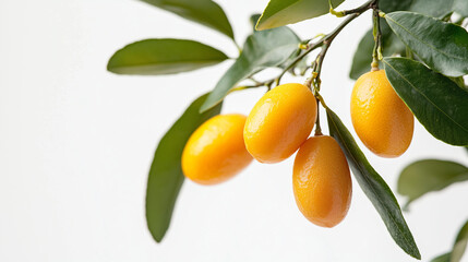 Obraz premium Branch of ripe kumquats hanging with green leaves on white background