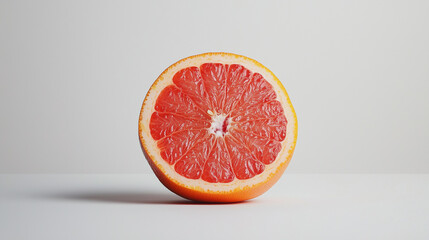 Half of a fresh grapefruit showcasing juicy pink flesh on white background
