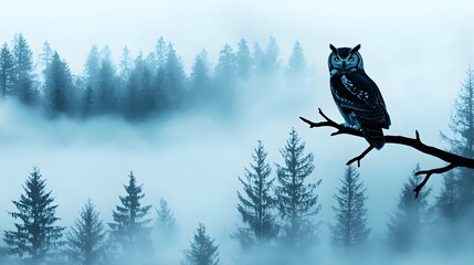 Horizontal forest scene, trees in silhouette, owl watching from a high branch, layers of mist and fog, mystical blue-green tones, serene feeling