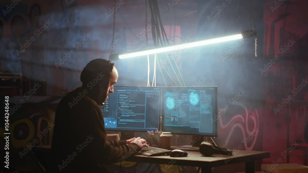 Poster hacker in foggy neon illuminated basement with graffiti drawings on walls using advanced technology 