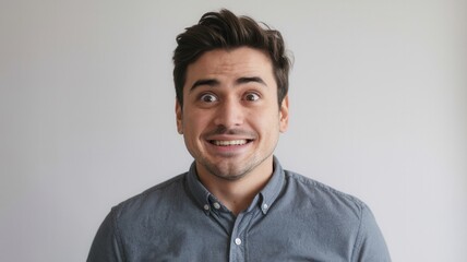 Obraz premium Young man smiling playfully at camera with surprised expression