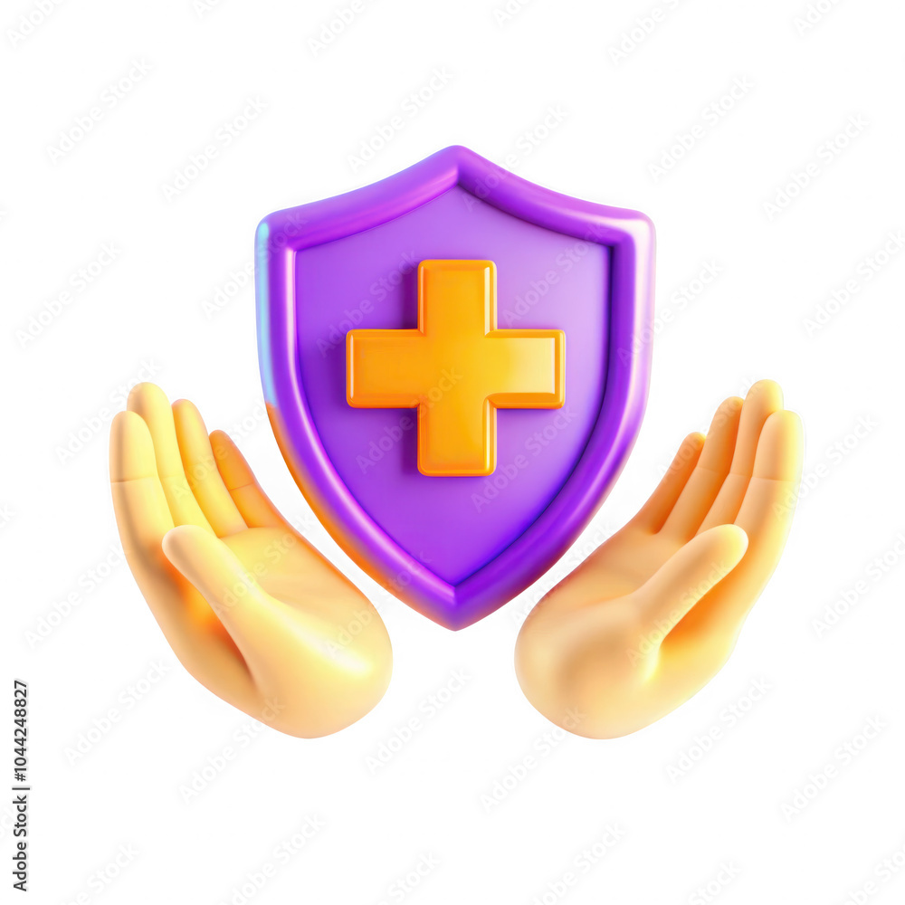 Poster this image features a 3d colorful shield with a cross, supported by two open hands, illustrating pro