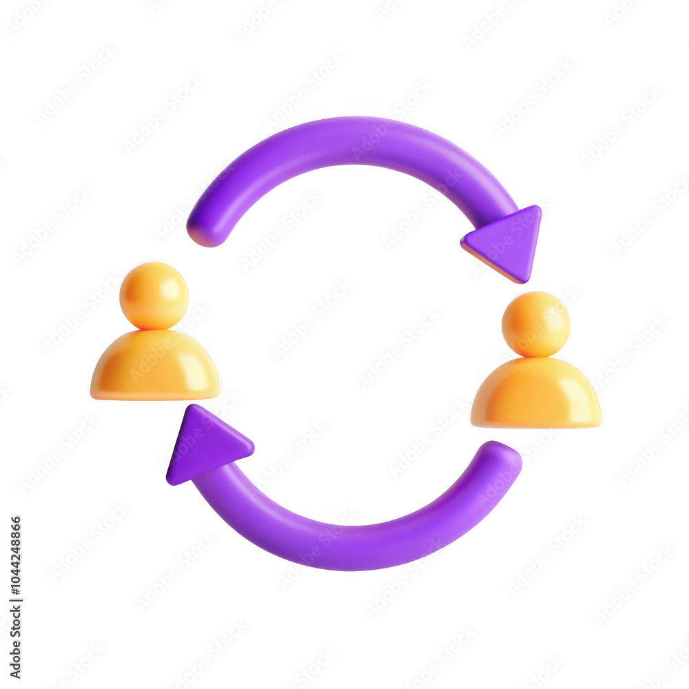 Poster an isolated 3d icon depicting an interaction flow between two abstract figures highlighted by arrows
