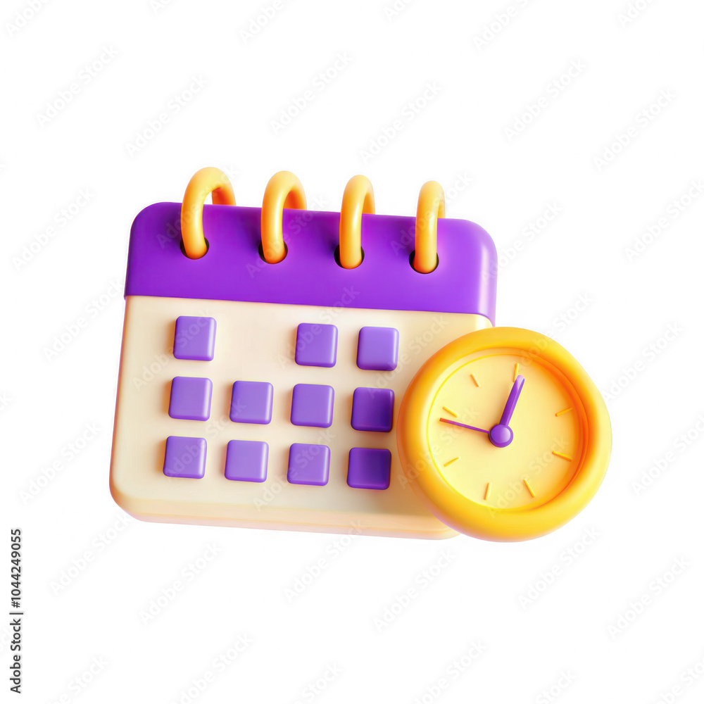 Poster a vibrant and playful 3d model of a calendar with a clock, emphasizing time management and organizat