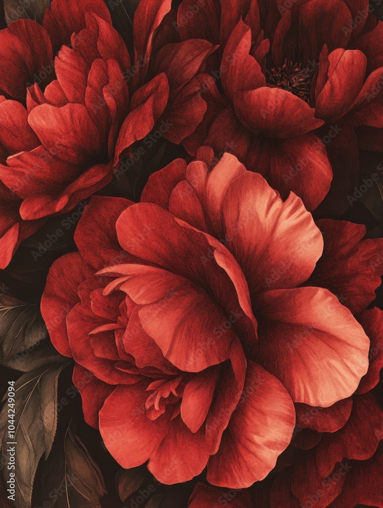 Poster close-up of red peonies with soft focus and a hint of green foliage.