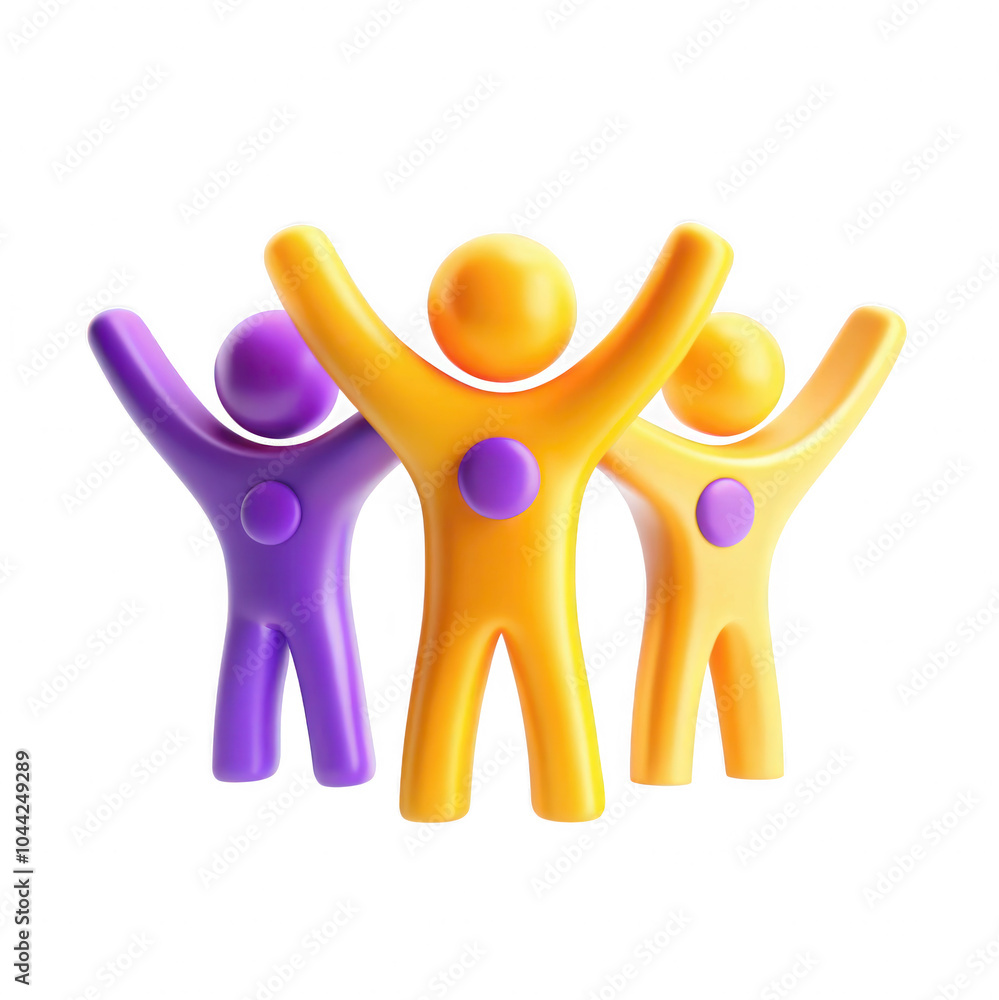 Poster three 3d figures in vibrant colors with arms raised, symbolizing unity and diversity. a playful repr