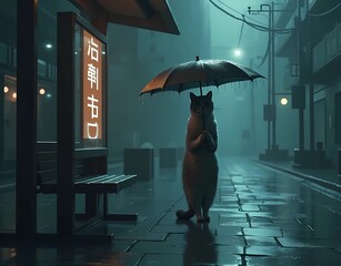Illustration of a cat holding an umbrella on a rainy night at a bus stop. Generate AI