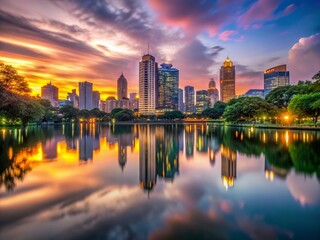 Obraz premium Urban Reflection at Dusk: Serene City Skyline with Warm Lights and Lush Greenery