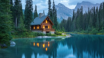 Obraz premium Tranquil Cabin by Scenic Lake Surrounded by Forests