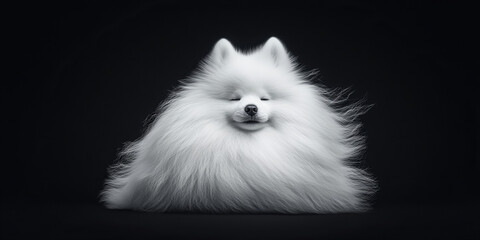 Fototapeta premium Banner with fluffy white dog posing serene calm dark background showcasing perfect fur calm peaceful scene