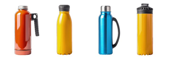 Various collection of colours aluminum thermos water bottles isolated on transparent background