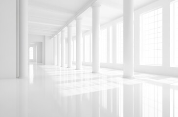 Empty Industrial-Style Room with White Walls, Glossy Floor, Columns, and Windows