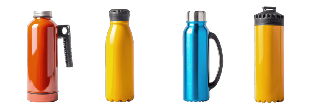 Various collection of colours aluminum thermos water bottles isolated on transparent background