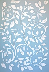 A white, light blue stencil of an elegant, swirling pattern with leaves, on a plain background.  