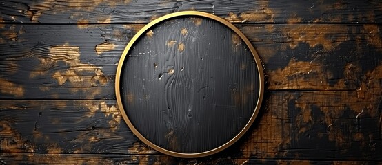 Dark wooden background with golden oval frame, mockup template for artwork, logo, poster, photo wall, 3d abstract design